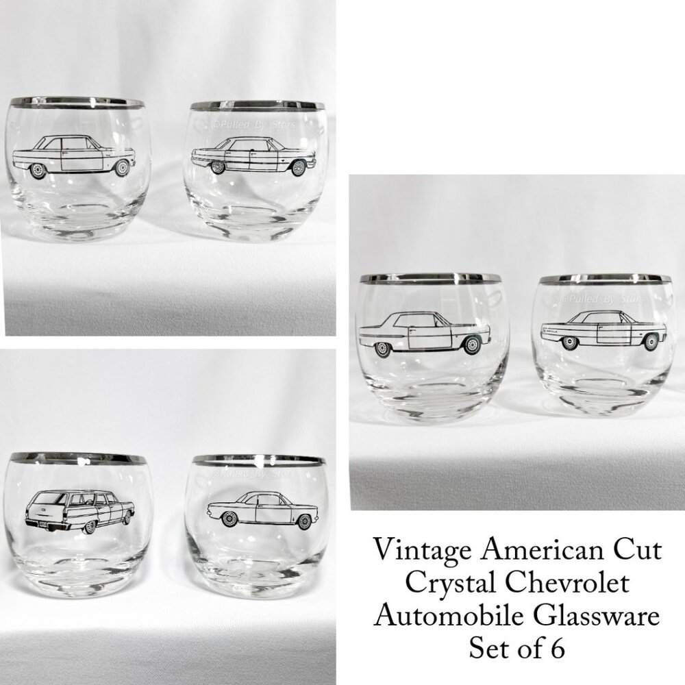 Vintage 1960s American Cut Crystal Chevrolet Automobile Glassware Set of 6 - GUC